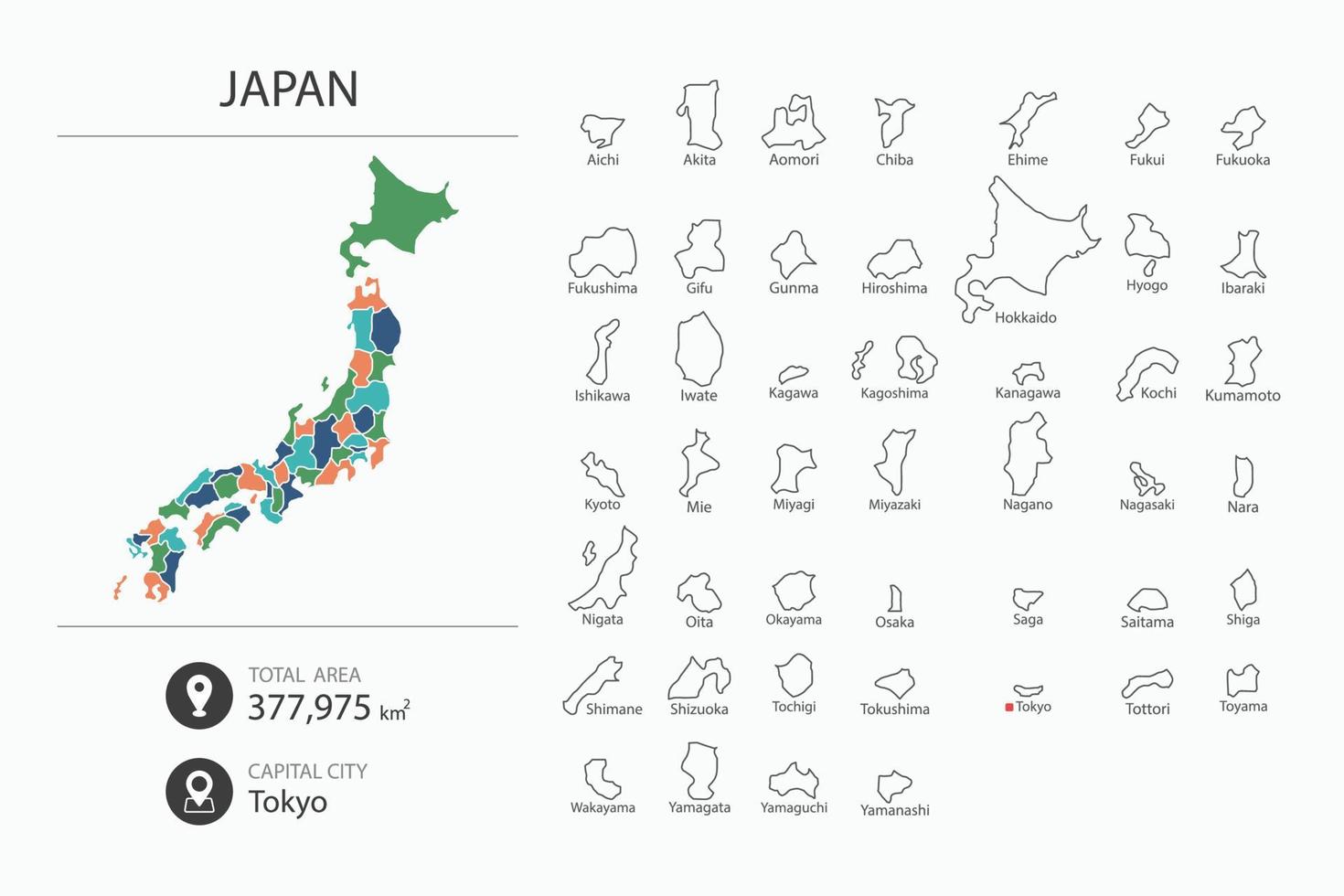 Map of Japan with detailed country map. Map elements of cities, total areas and capital. vector