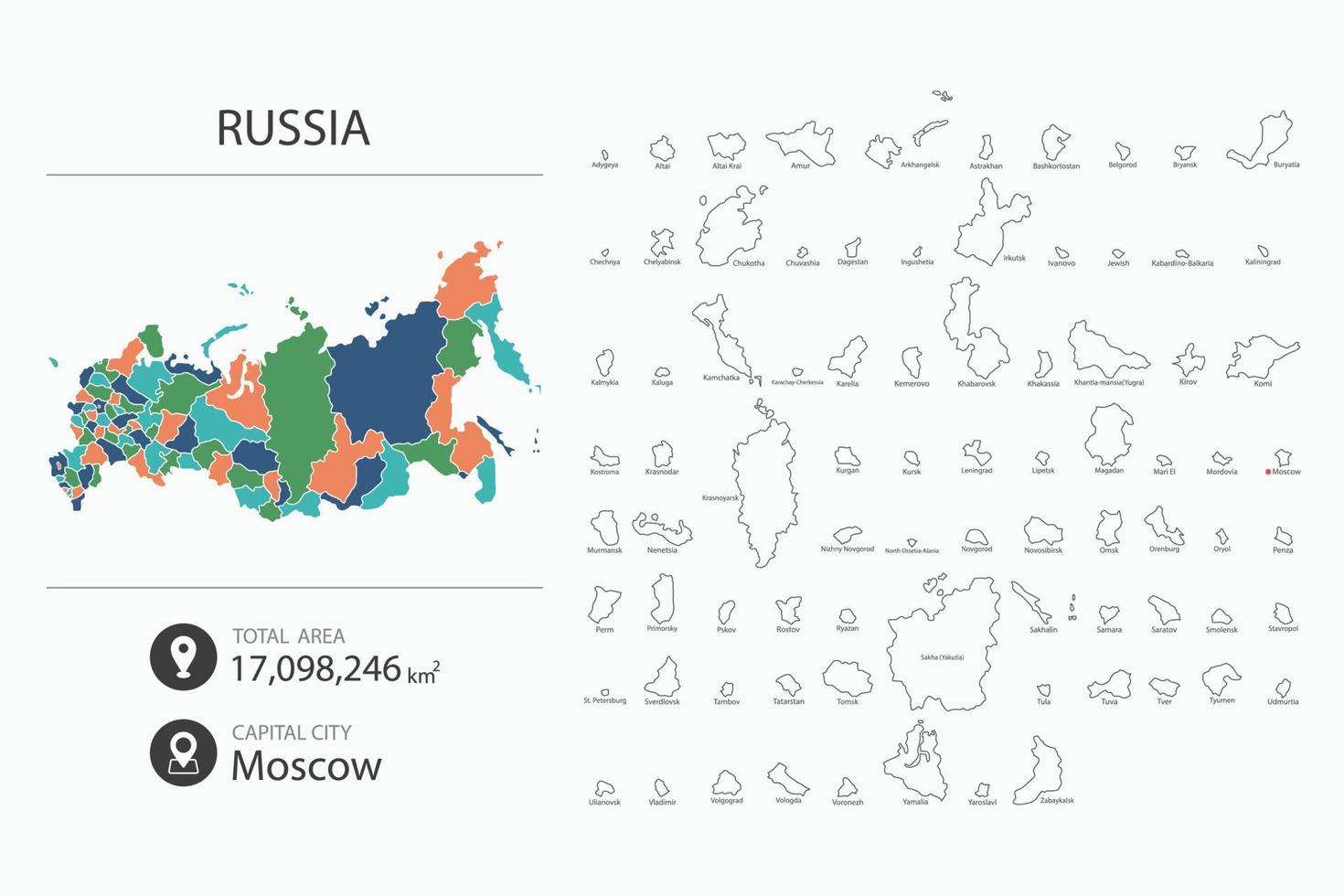 Map of Russia with detailed country map. Map elements of cities, total areas and capital. vector