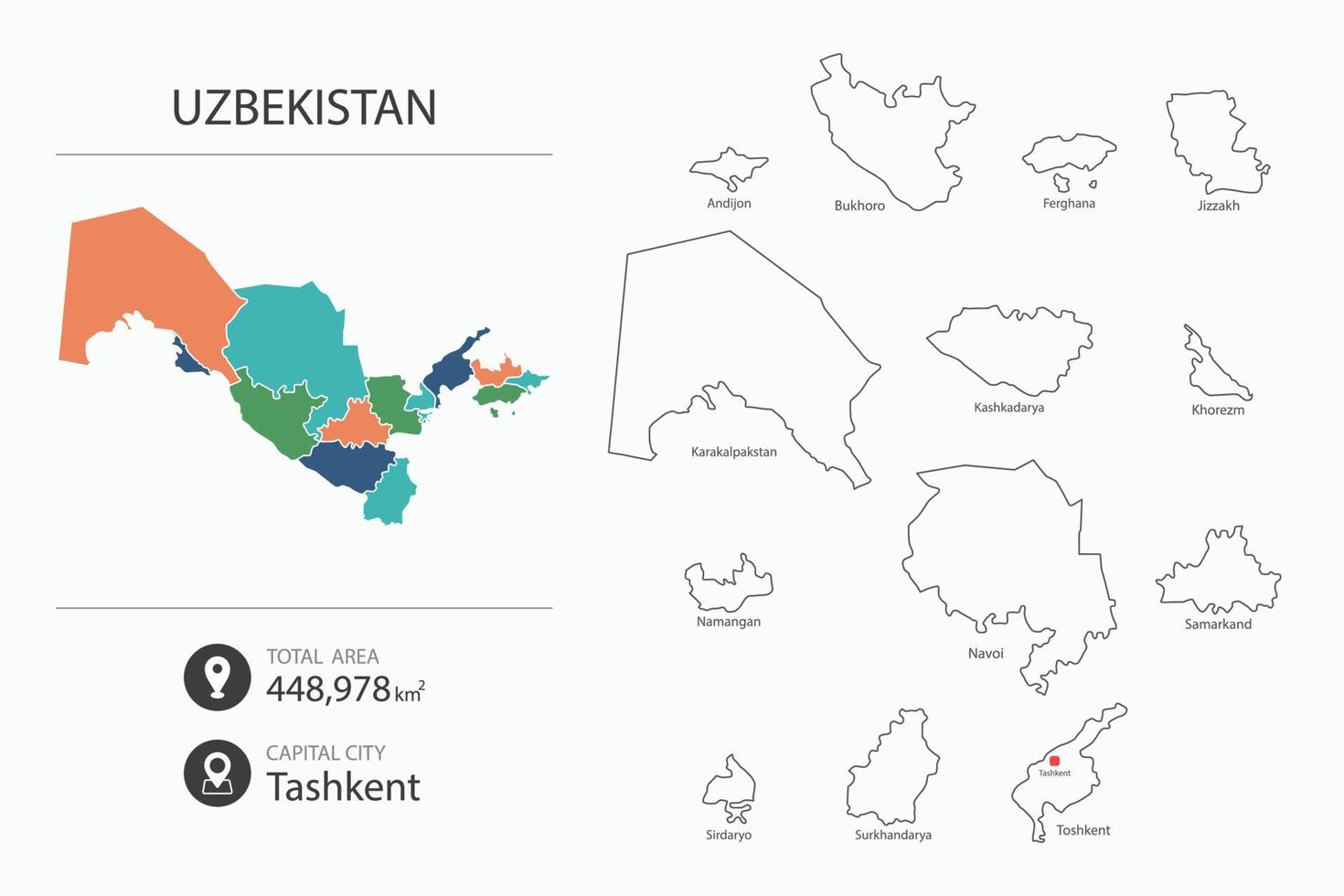 Map of Uzbekistan with detailed country map. Map elements of cities, total areas and capital. vector