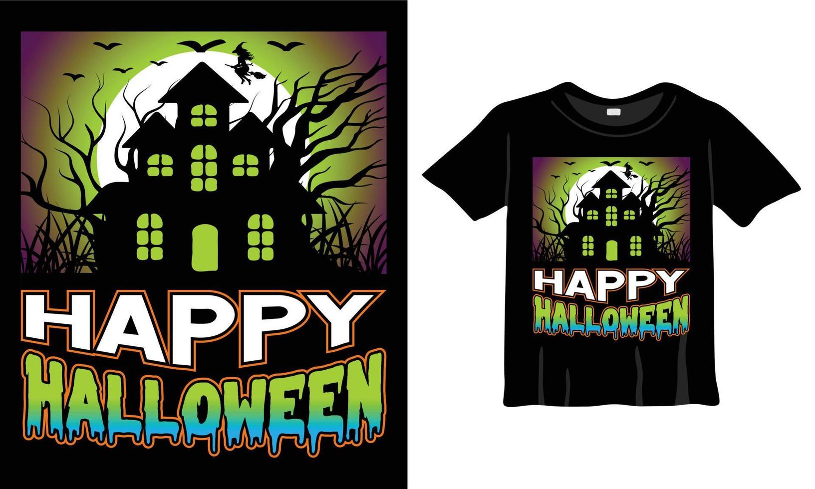 Happy Halloween T-Shirt Design Template. Halloween T-Shirt with Night, Moon, Witch. Night background T-Shirt for print. vector