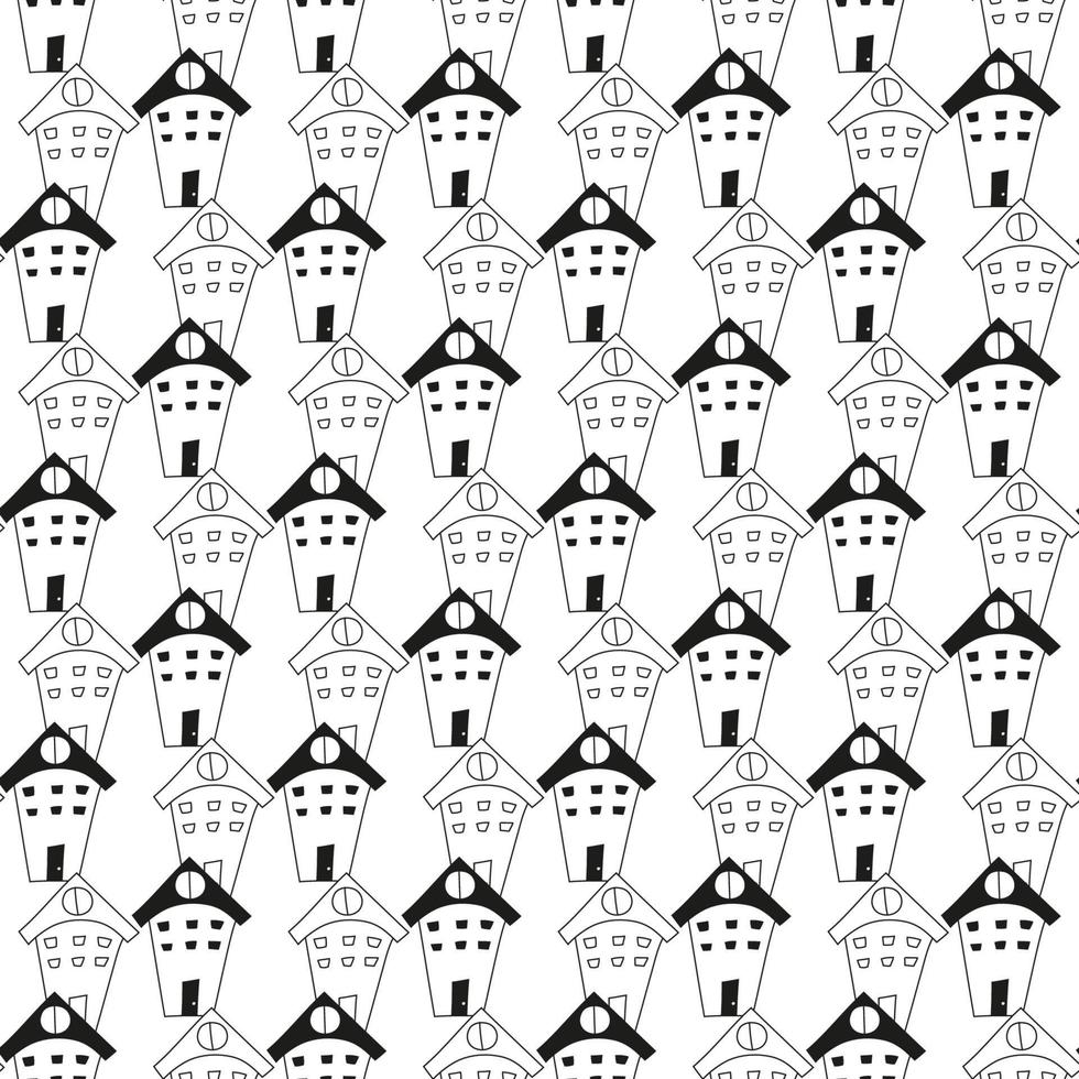 Doodle hand drawn pattern with houses in black and white. Seamless line art buildings for kids, fabric, prints vector