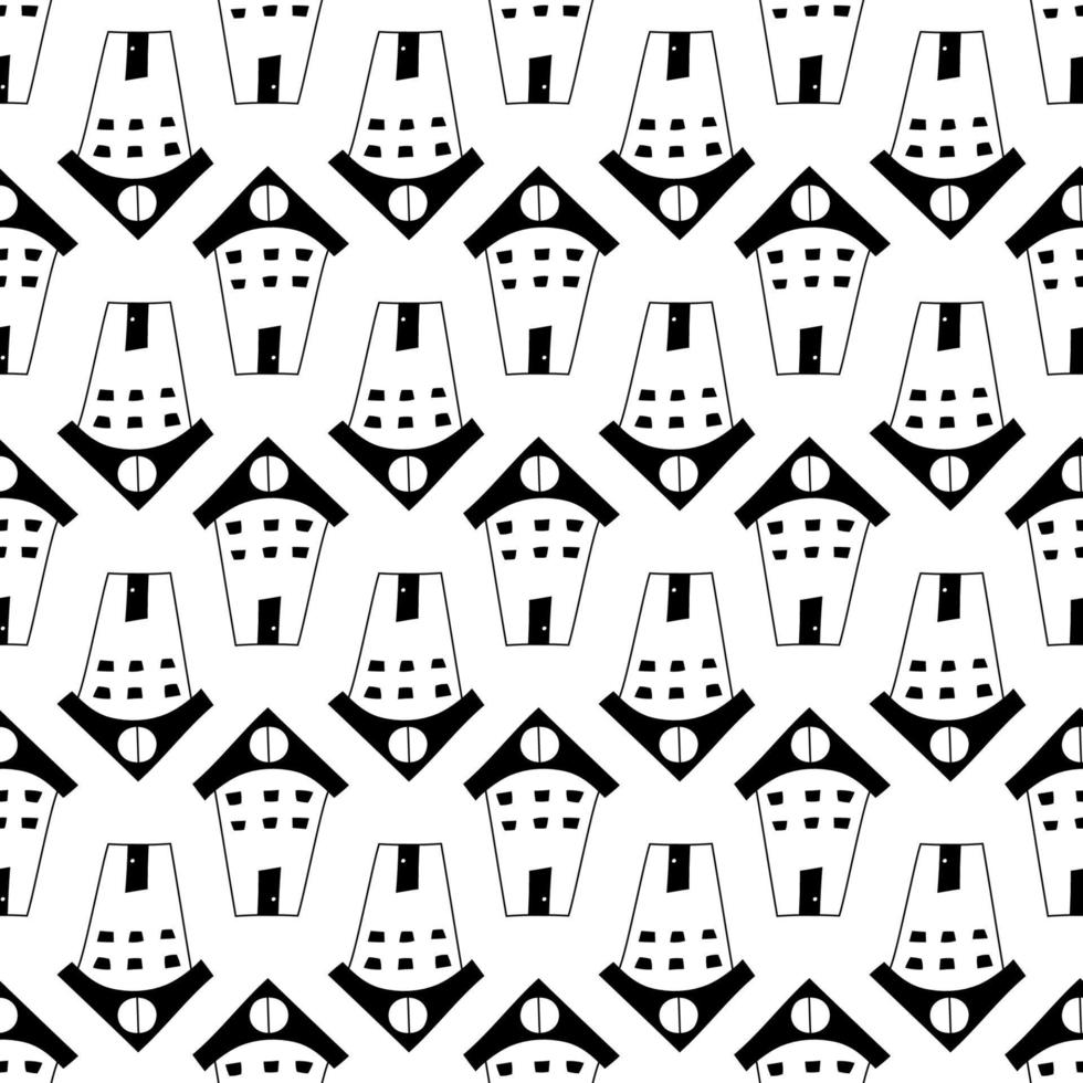 Seamless hand drawn pattern with houses in line art style. Doodle black and white pattern for kids, fabric, prints vector