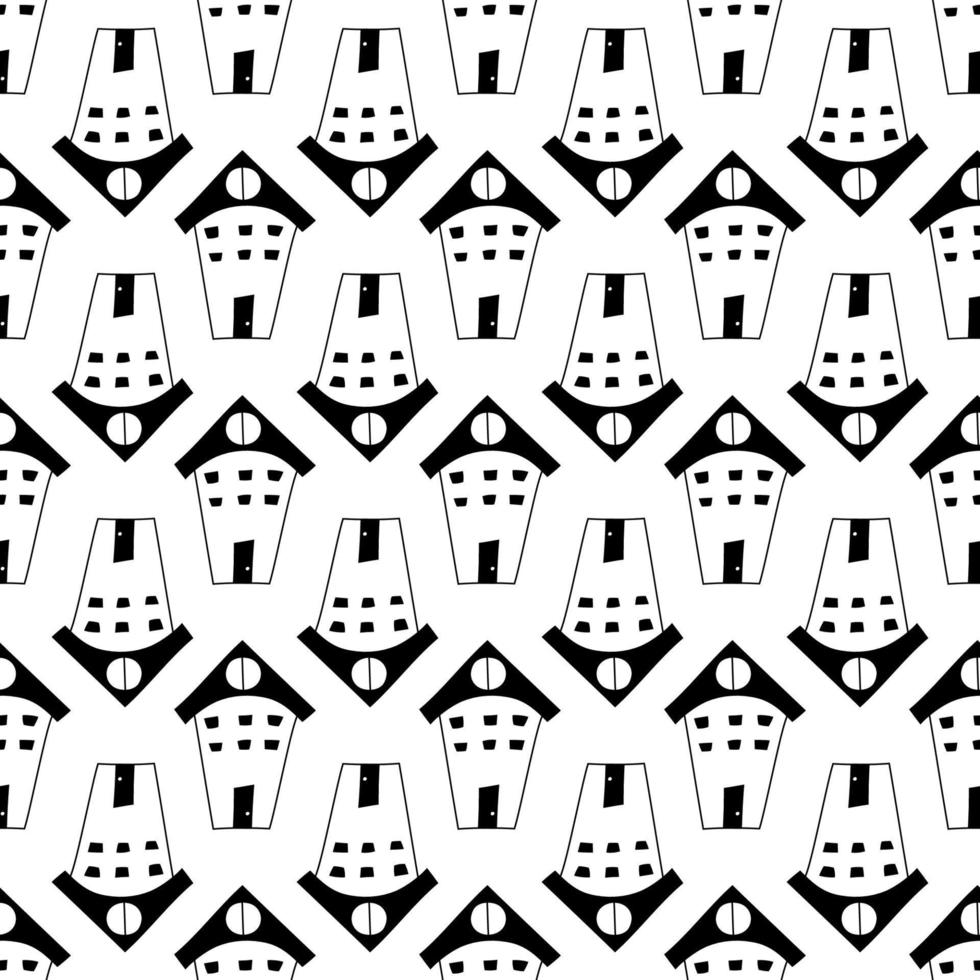 Seamless hand drawn pattern with houses in line art style. Doodle black and white pattern for kids, fabric, prints vector