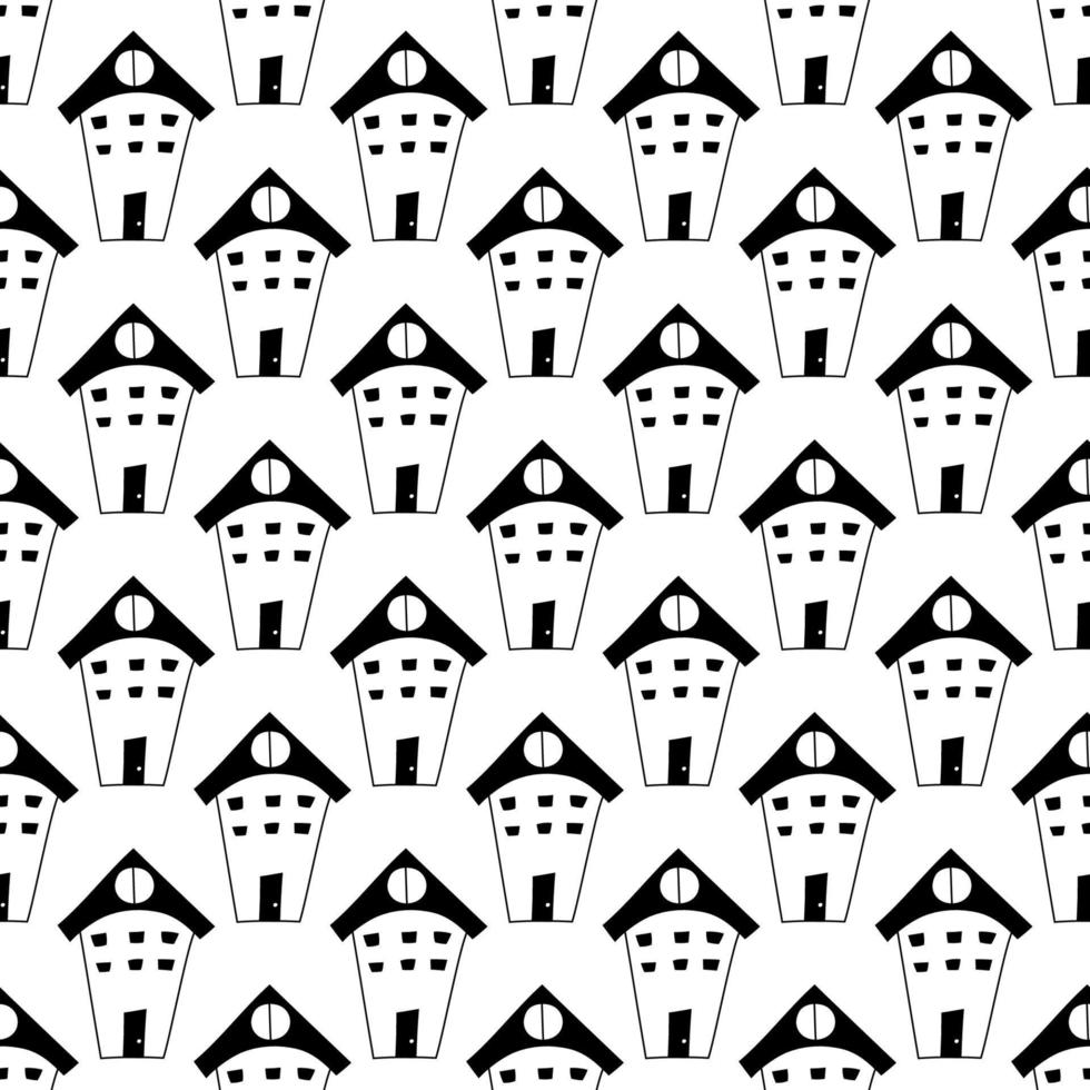 patrón dibujado a mano sin costuras con casas en estilo de arte lineal. dibujo en blanco y negro de garabatos para niños, tela, estampados vector