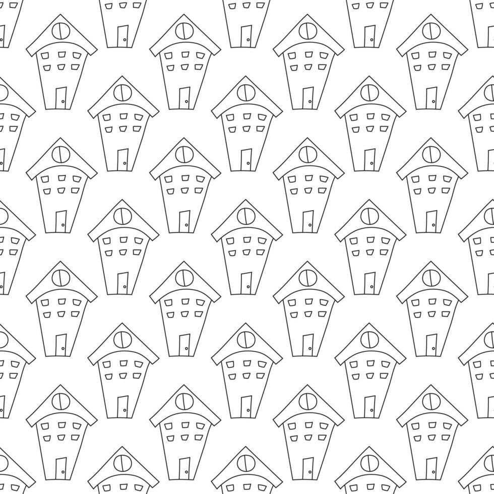 Hand drawn pattern with houses in line art style. Seamless doodle black and white buildings for kids, fabric, prints vector