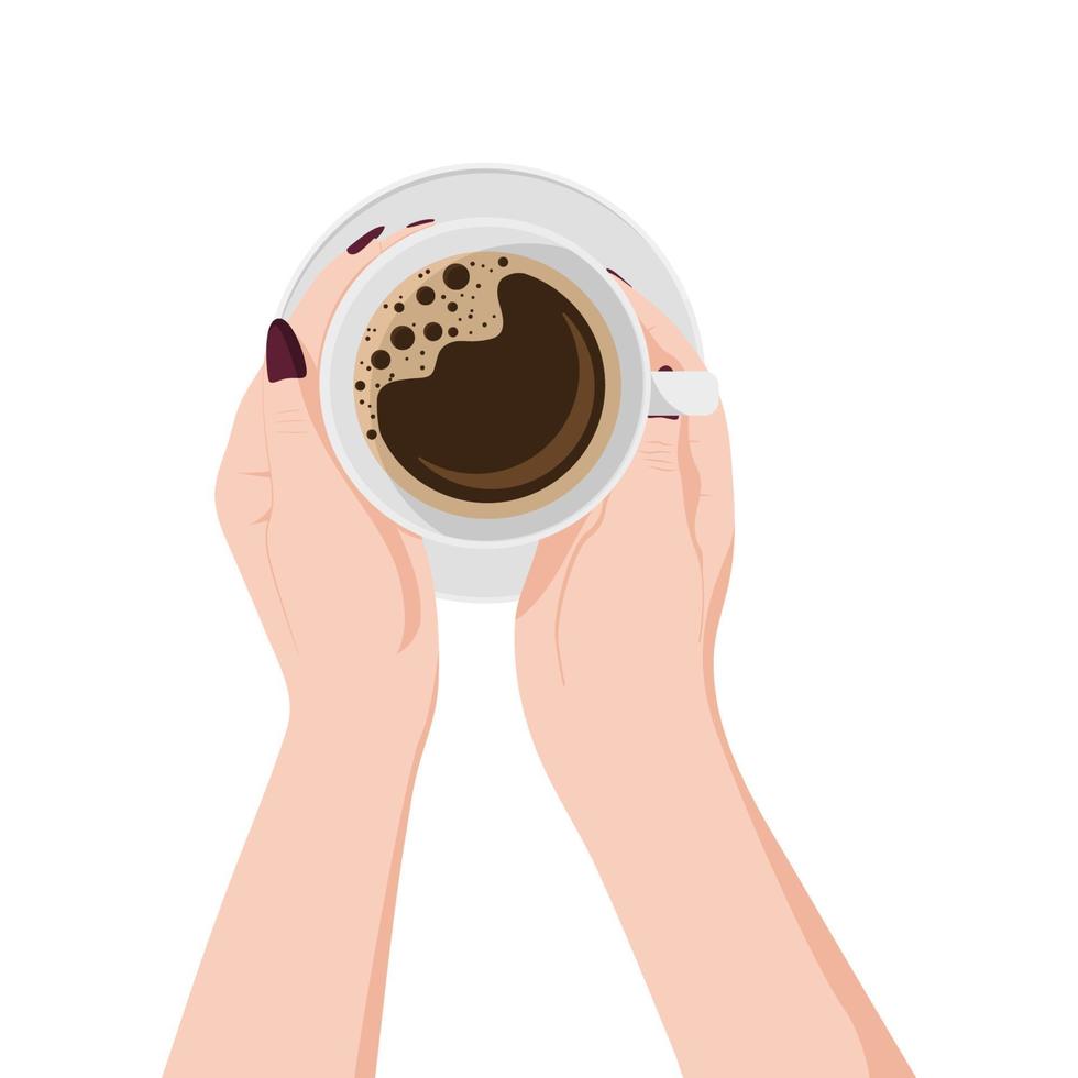 café en la mano, niña sosteniendo café, taza de café blanca, café fragante vector