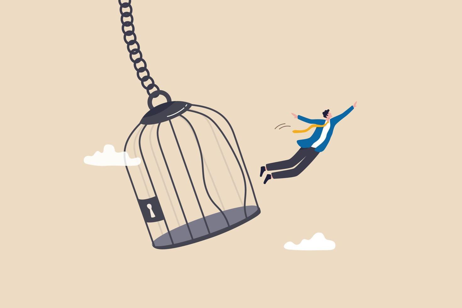 Courage to escape for freedom, get out of comfort zone to find new job, open mind or fly away for better life, hope and liberty concept, courage businessman escape from bird cage jump and fly away. vector