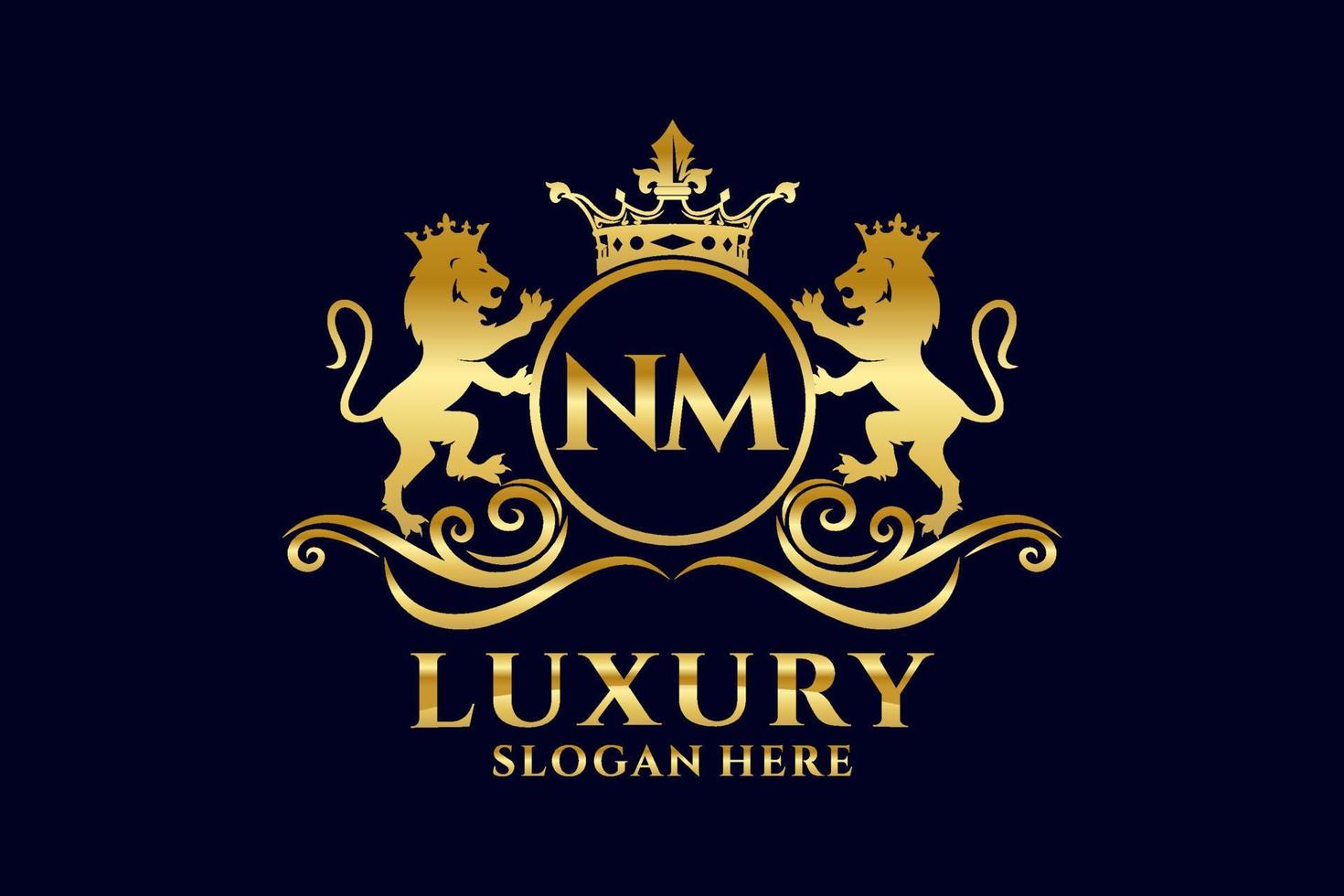 Initial NM Letter Lion Royal Luxury Logo template in vector art for luxurious branding projects and other vector illustration.