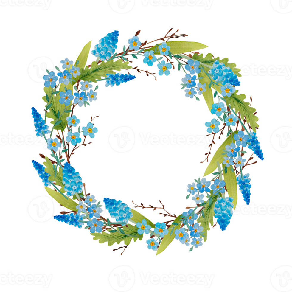 Watercolor spring wreath isolated with birch twigs and flowers png