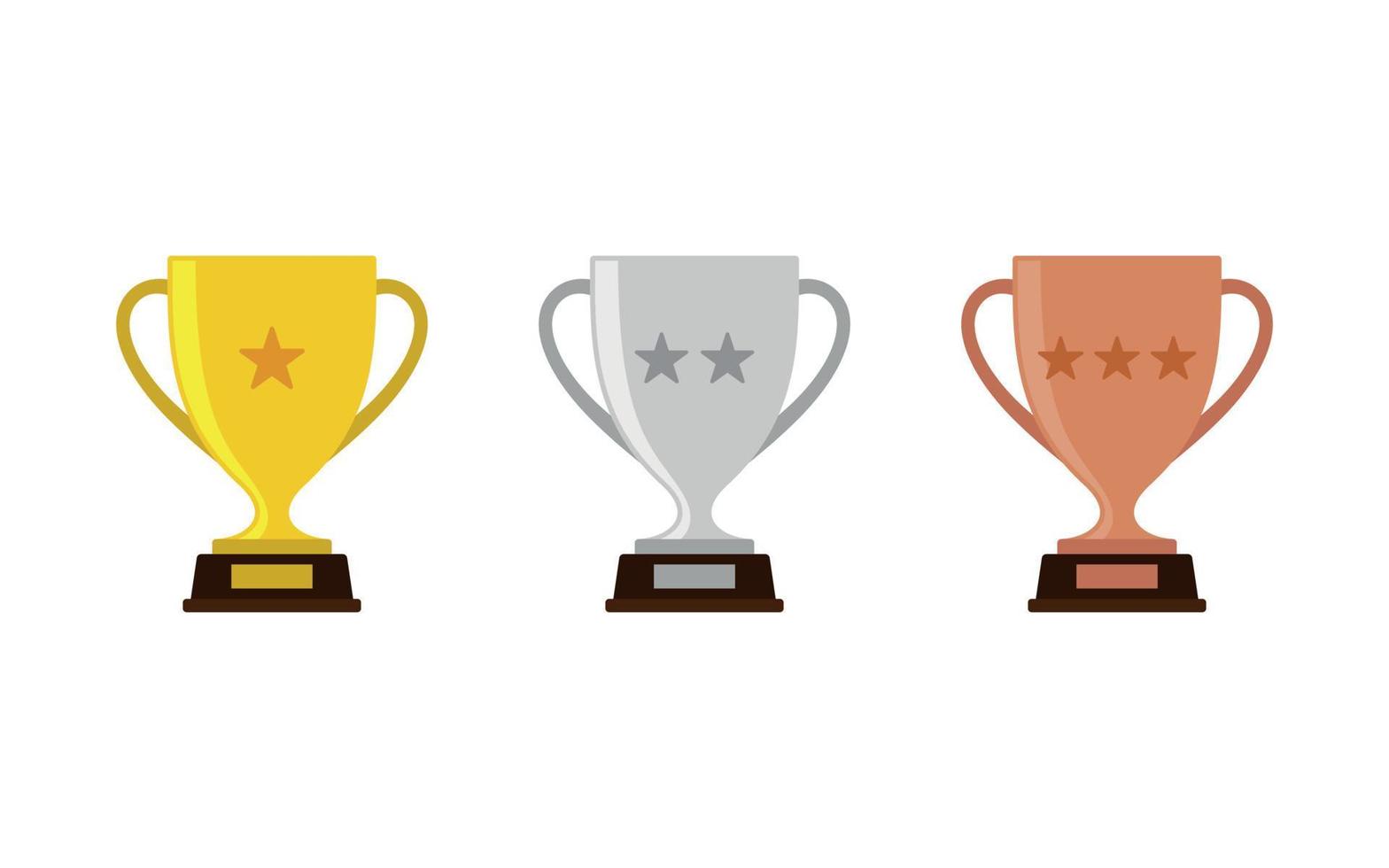 Gold, silver and bronze trophy icons. Vector trophy cups in flat style.