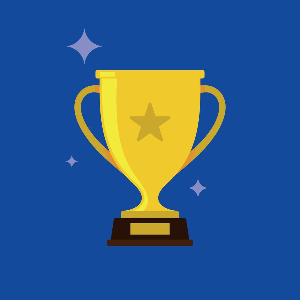Victory golden trophy icon. Sparkling gold cup with star on blue background in flat style. vector