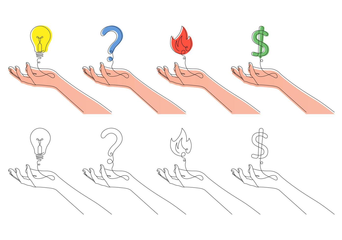 Set of hands, line art style hands, one line drawing vector