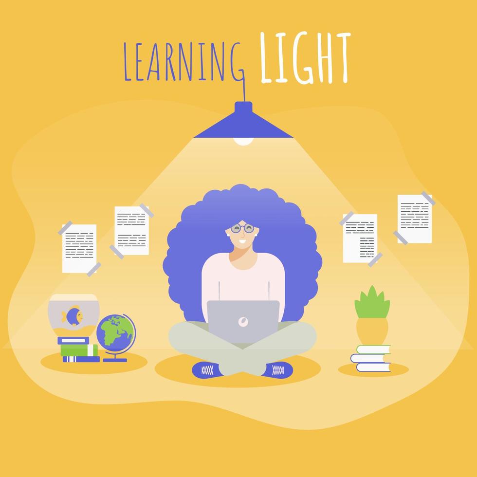 Female student sitting with a laptop, studying, yellow background vector