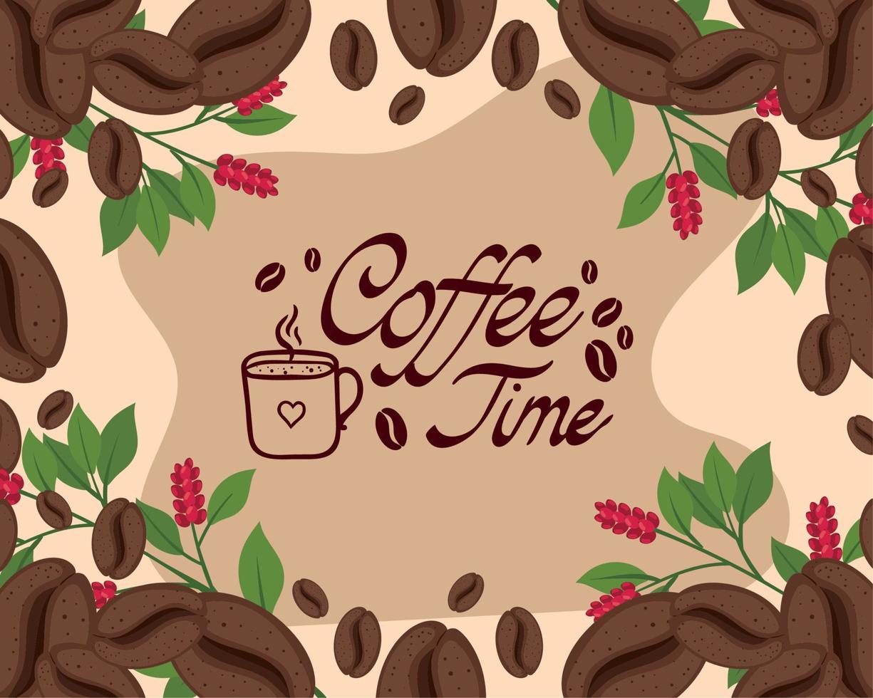 coffee time lettering with plants frame vector