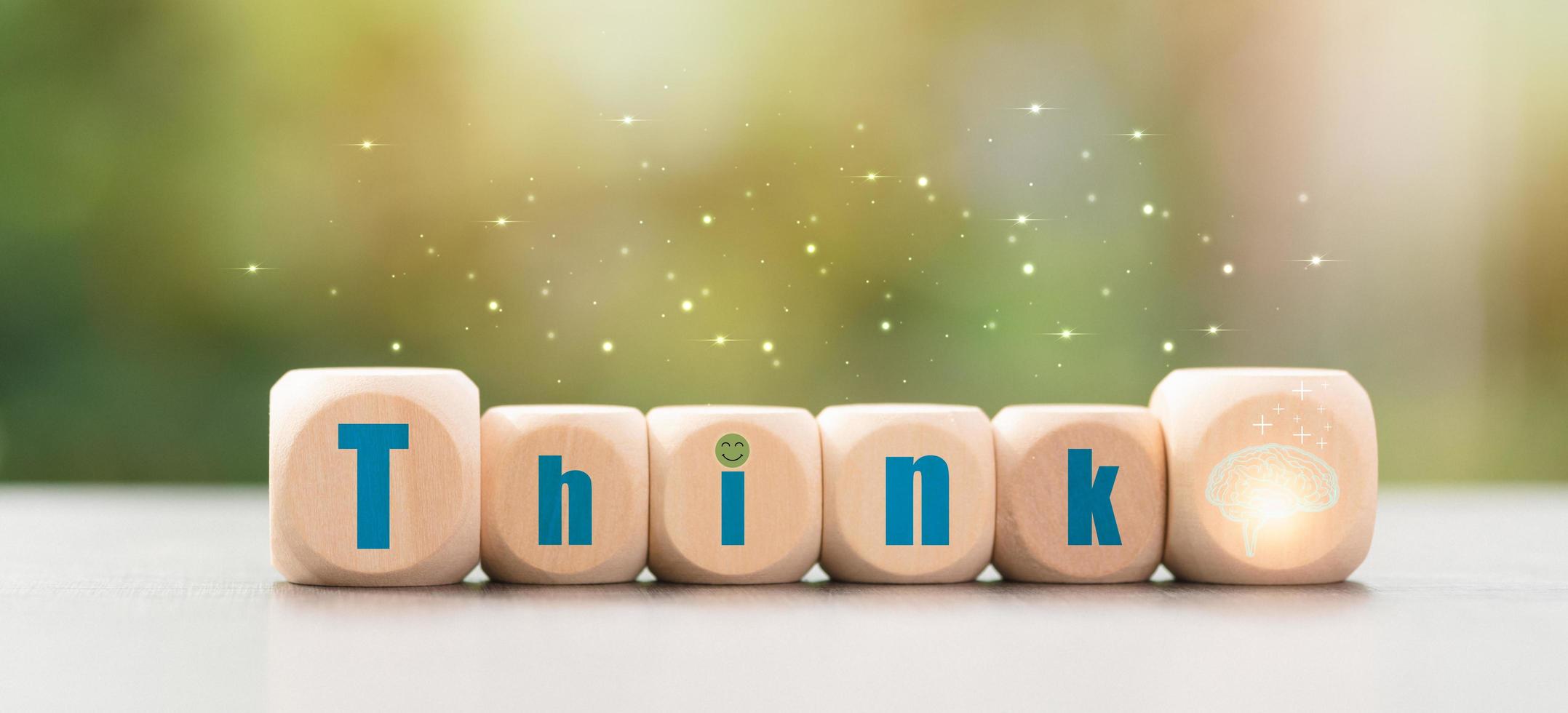 Concept of optimism, positive thinking, attitude change is to develop mental and emotional to inspire goals to be achieved, wooden blocks lined up on the table, nature background photo