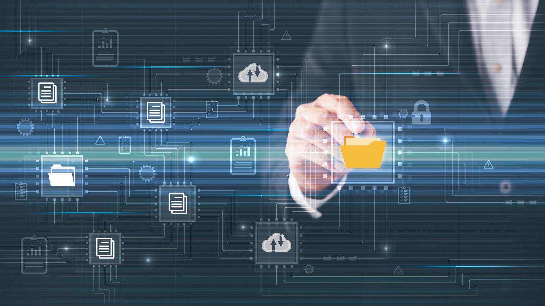 Business professionals are managing files and folders digitally storing corporate data. Cyberspace technology concepts and large archives Paperless online storage,Process to manage files efficiently photo