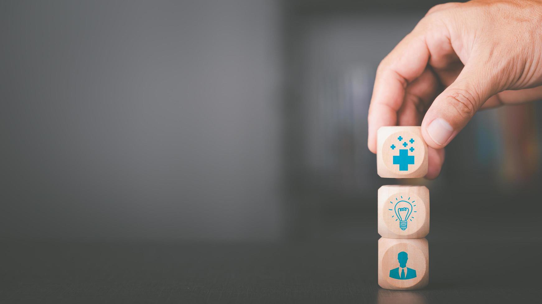 Optimism concept, attitude change is to develop mental and emotional to inspire goals to be achieved, wooden blocks hand with positive thinking icon, self-encouragement. photo