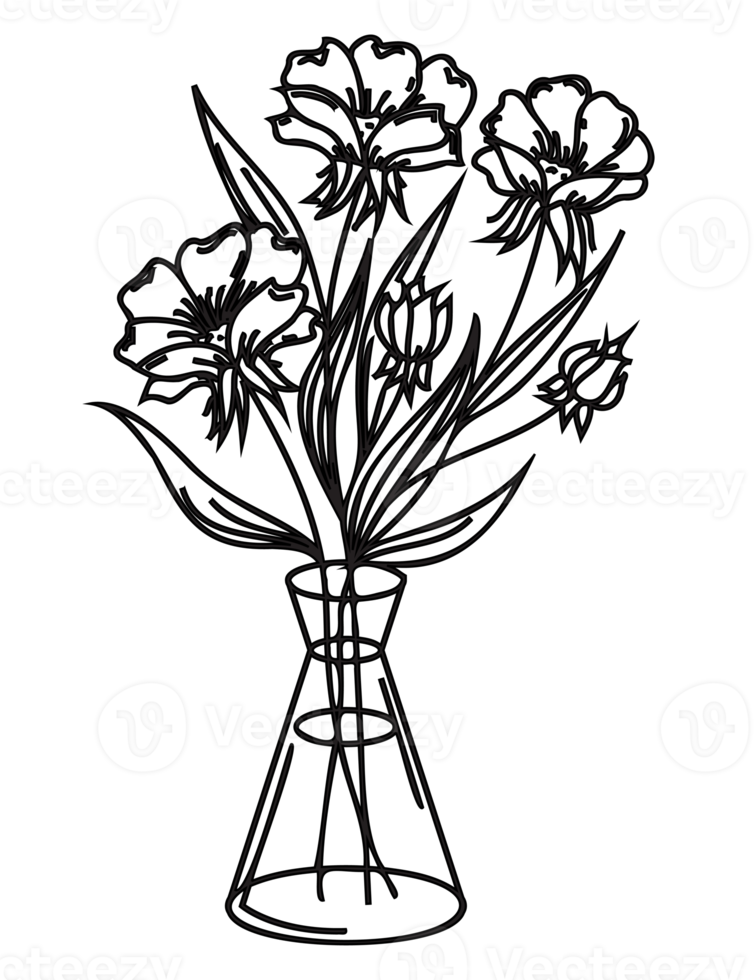 Flowers in a vase outline illustration. PNG with transparent background.