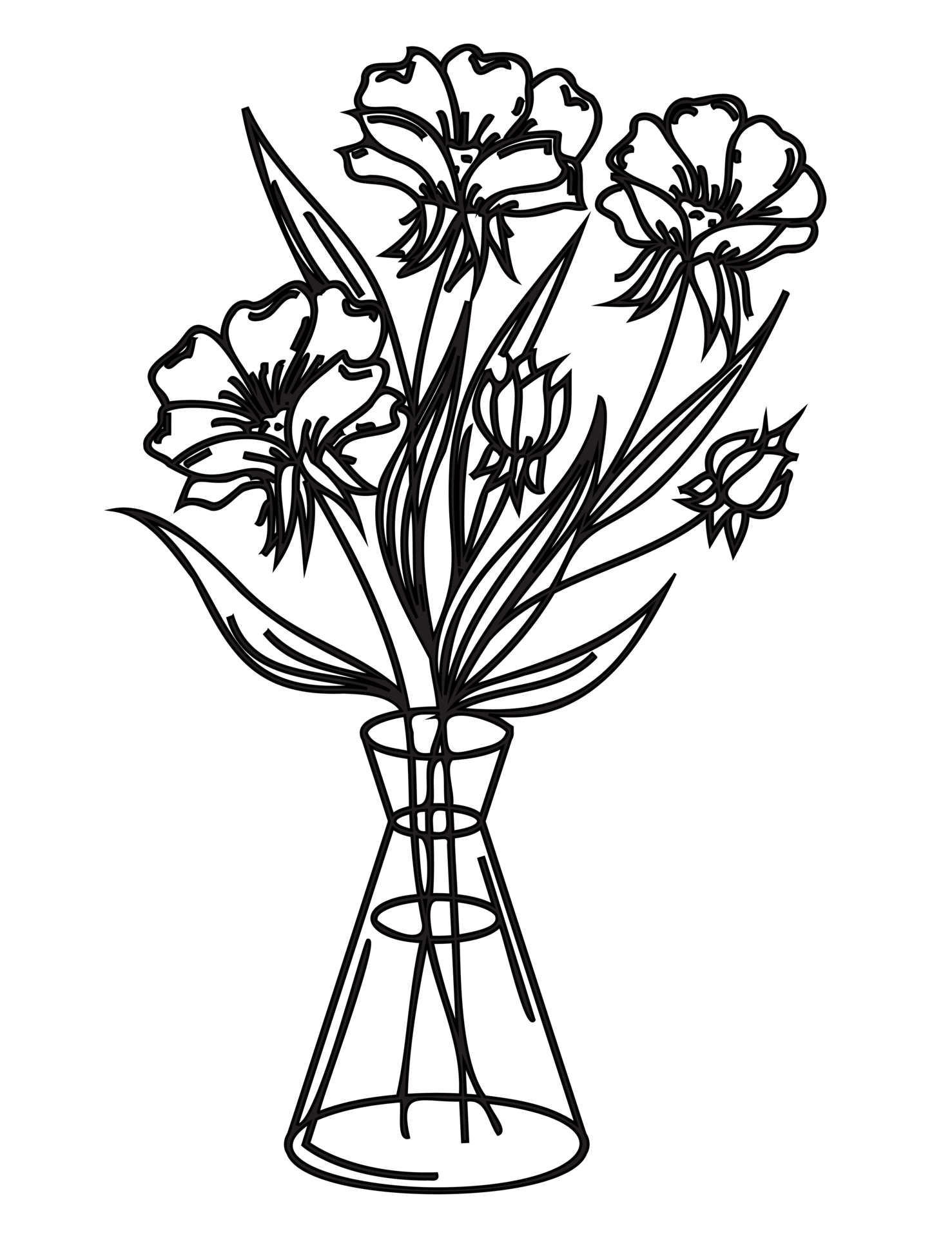 Flowers in a vase outline illustration. PNG with transparent background