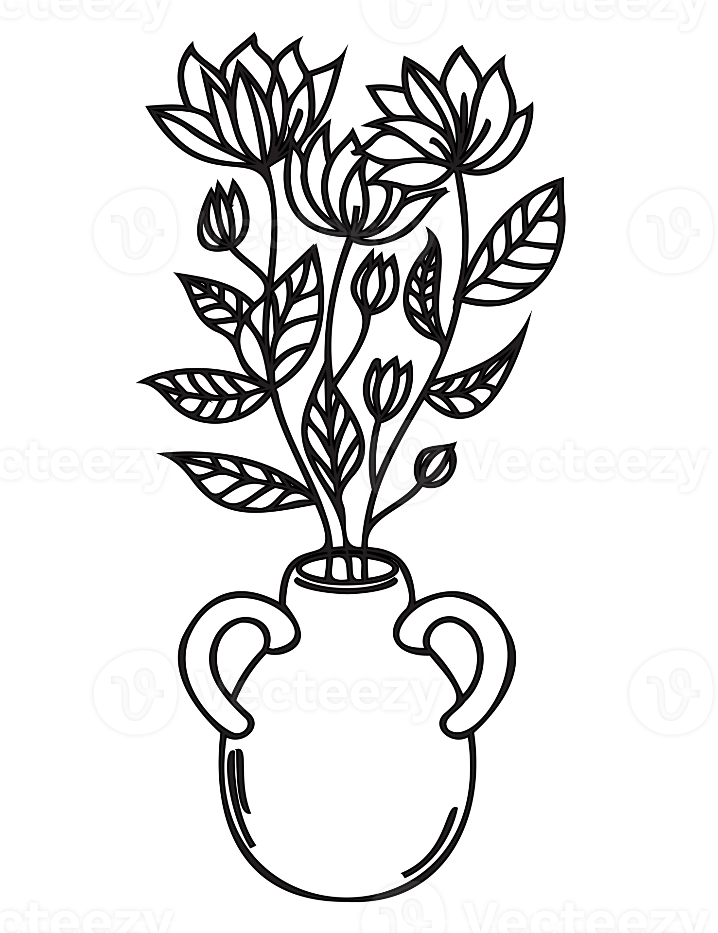Flowers in a vase outline illustration. PNG with transparent background