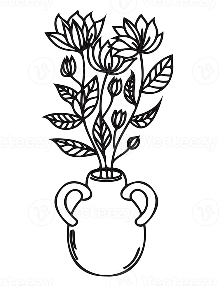 Flowers in a vase outline illustration. PNG with transparent background.