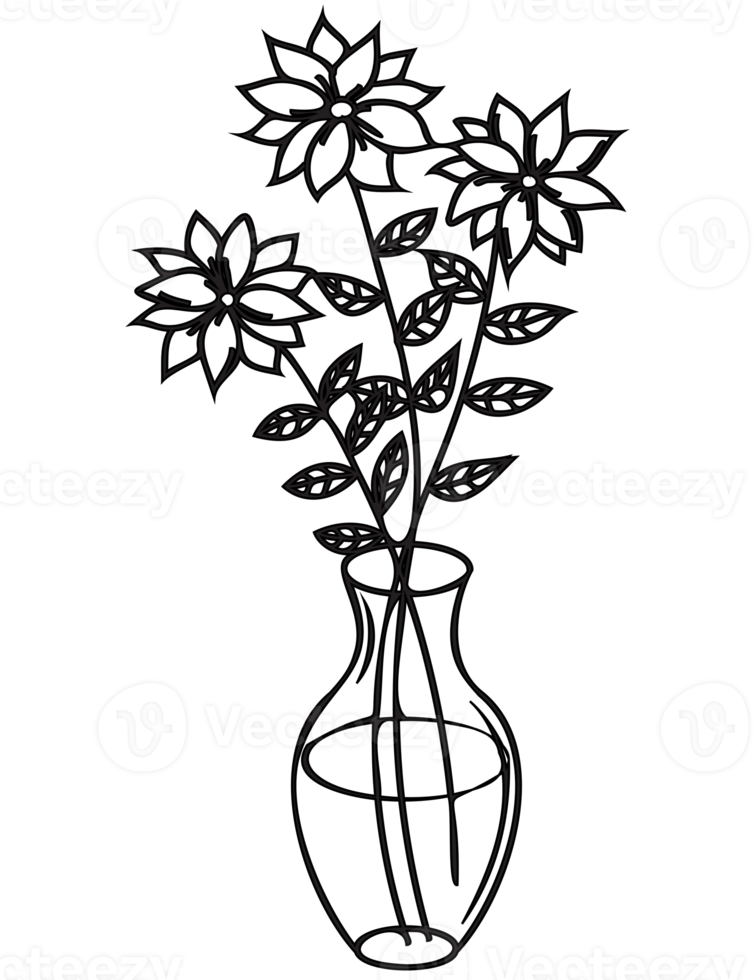 Flowers in a vase outline illustration. PNG with transparent background.