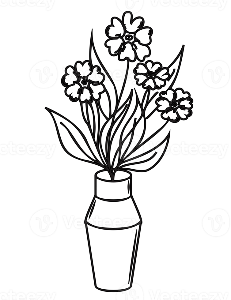 Flowers in a vase outline illustration. PNG with transparent background.