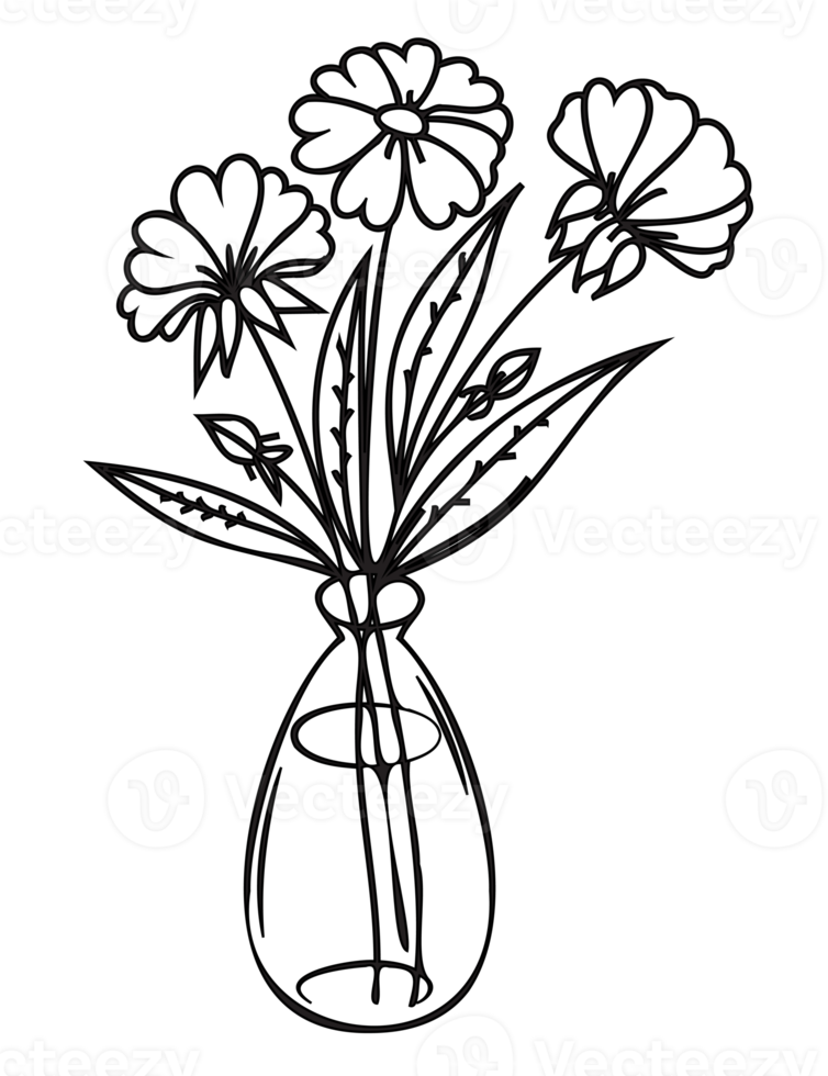 Flowers in a vase outline illustration. PNG with transparent background.