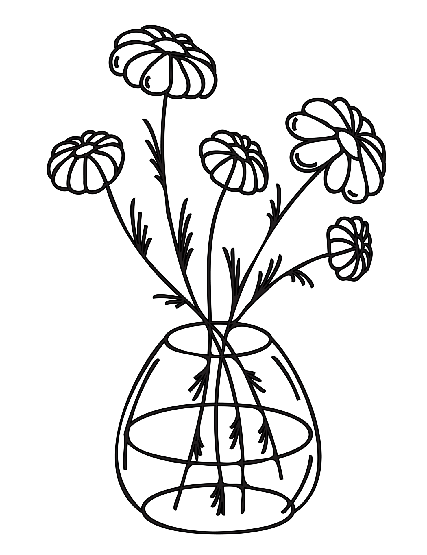 Flowers in a vase outline illustration. PNG with transparent background