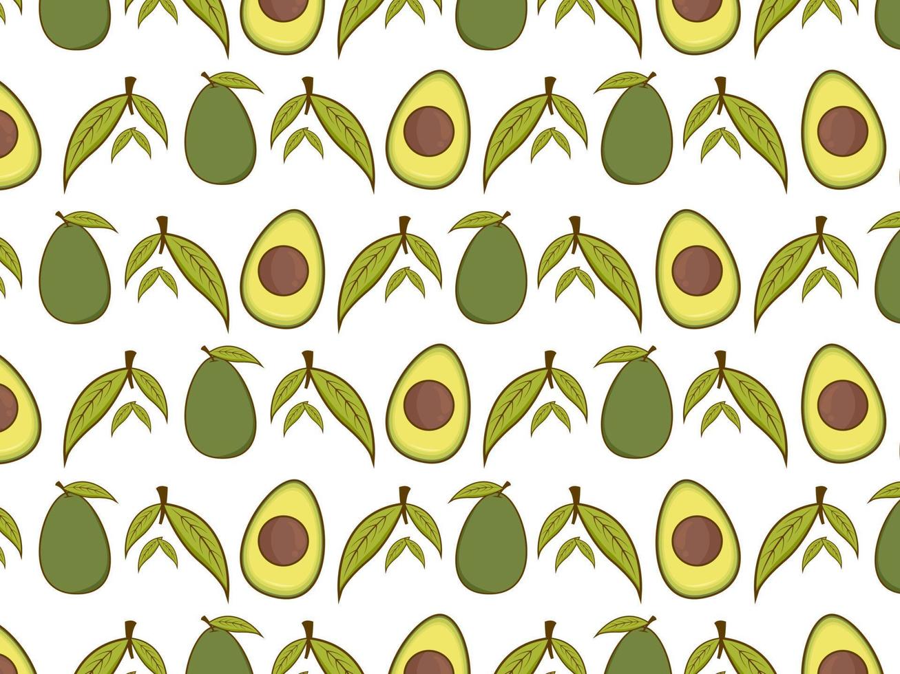 Seamless avocado pattern, avocado slices, leaves on white background. It can be used for packaging, wrapping paper, greeting cards, stickers, fabric, and prints. vector