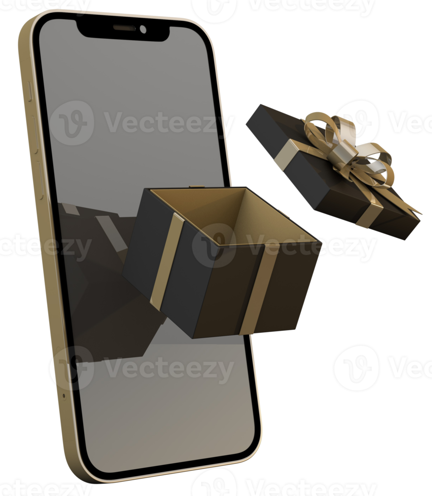 realistischer schwarzer freitag-verkauf in goldfarbe mit geschenkbox und smartphone 3d-rendering png