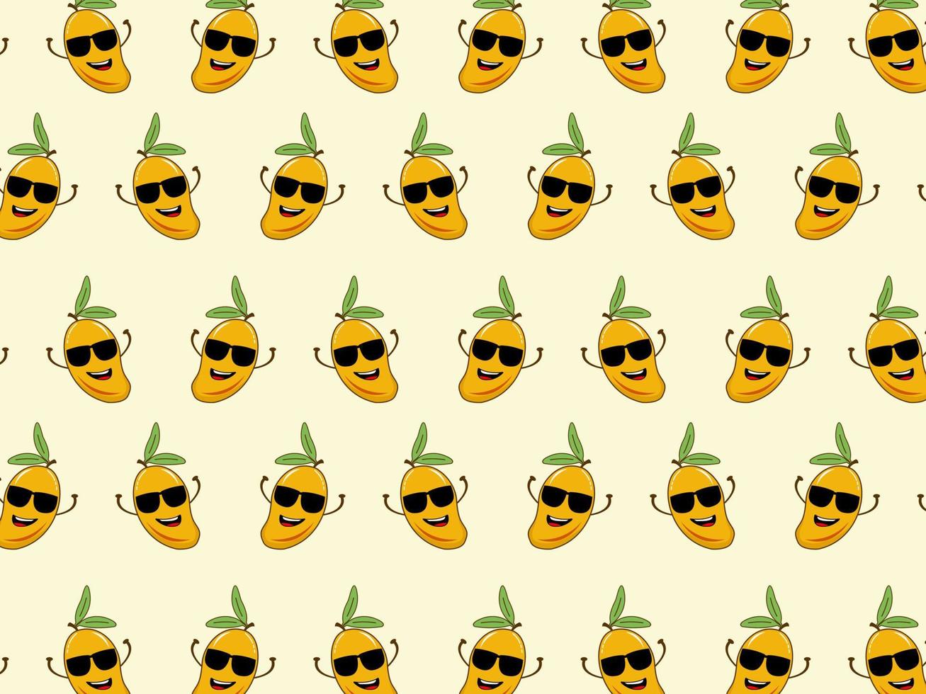 Seamless mango pattern, cute mango fruit wearing glasses. Can be used for packaging, wrapping paper, greeting cards, stickers, fabrics and prints. vector