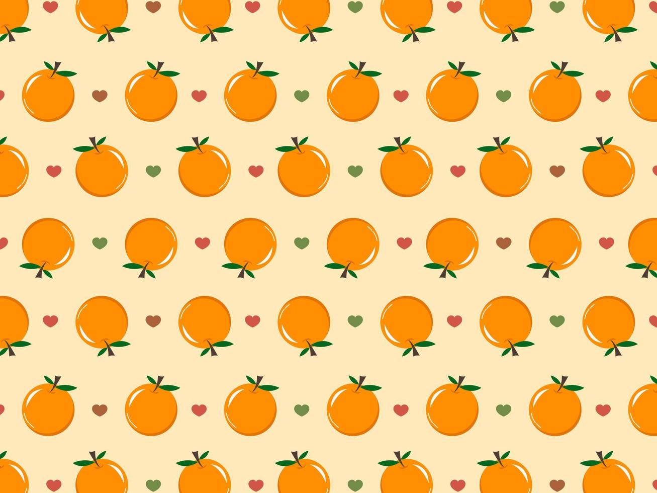 Seamless pattern with fruit oranges, orange fruit background with heart. Can be used for packaging, wrapping paper, greeting cards, stickers, fabrics and prints. vector