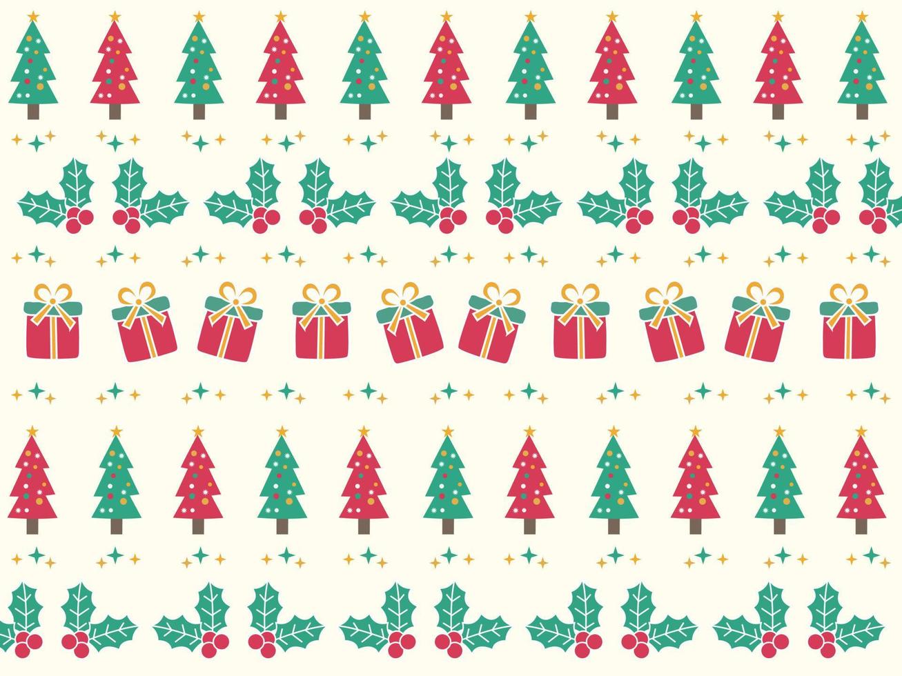 Seamless pattern Background with christmas tree, gift box and flowers poinsettia. Cute design. The design used for printing, background, gift wrapping, baby clothes, textile, vector illustration