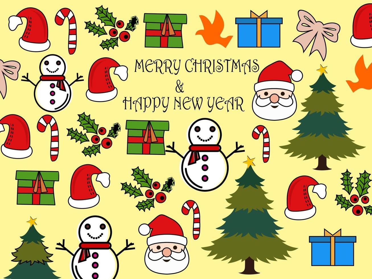 Seamless vector pattern with santa claus, candy, reindeer, gifts, santa hat, ribbon of Happy New Year and Christmas. For gifts wrap, background, fabric, decoration, and etc