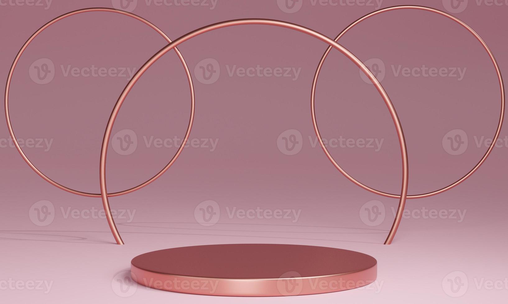 3D pink gold minimal podiums, pedestals, steps on the background and a round pink gold frame. Mock Up. 3d rendering. photo