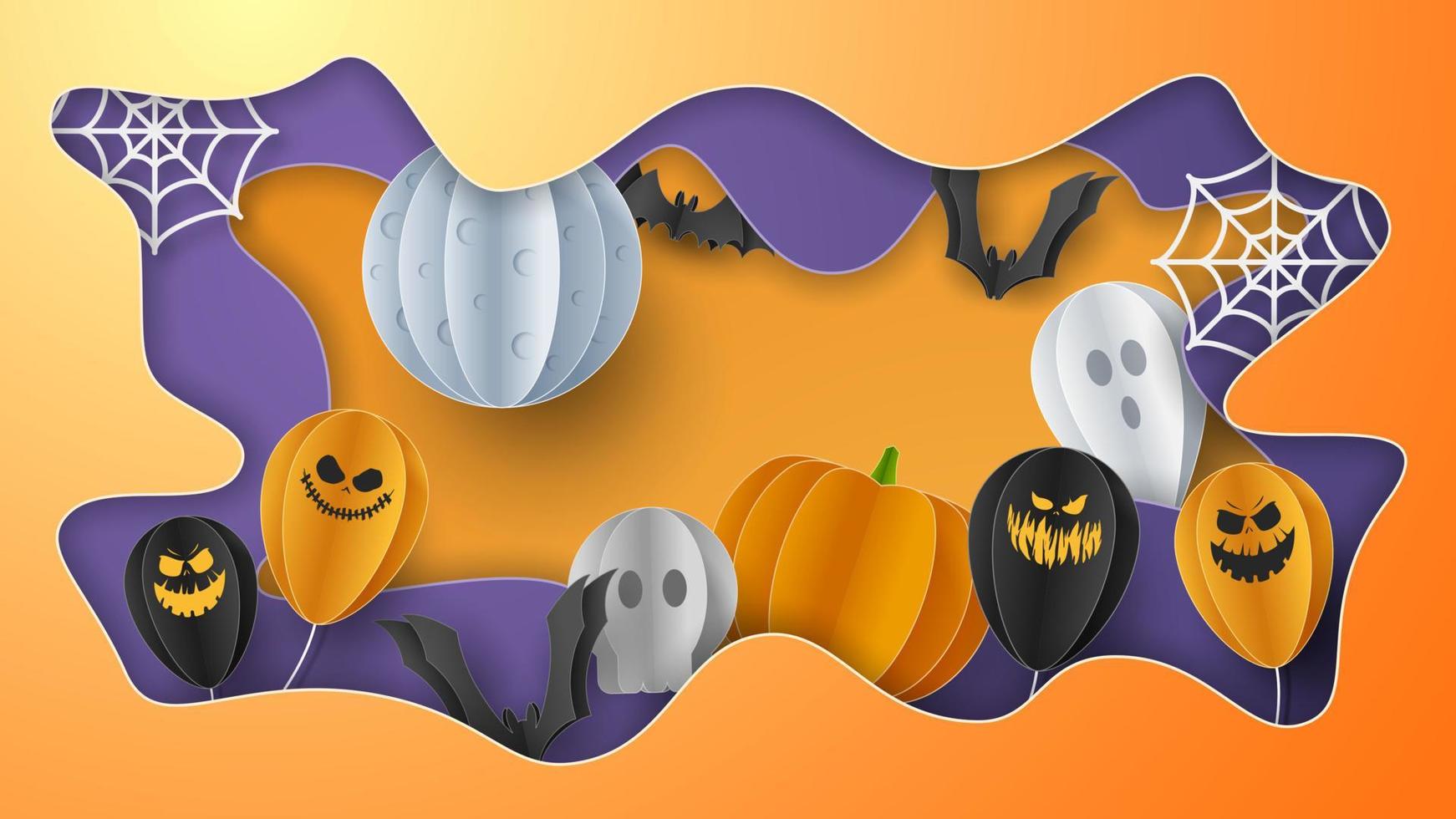 feliz fondo de banner de halloween con nubes y calabazas en estilo de corte de papel. luna llena en el cielo, telaraña, calavera, fantasma y murciélagos voladores. ilustración vectorial vector