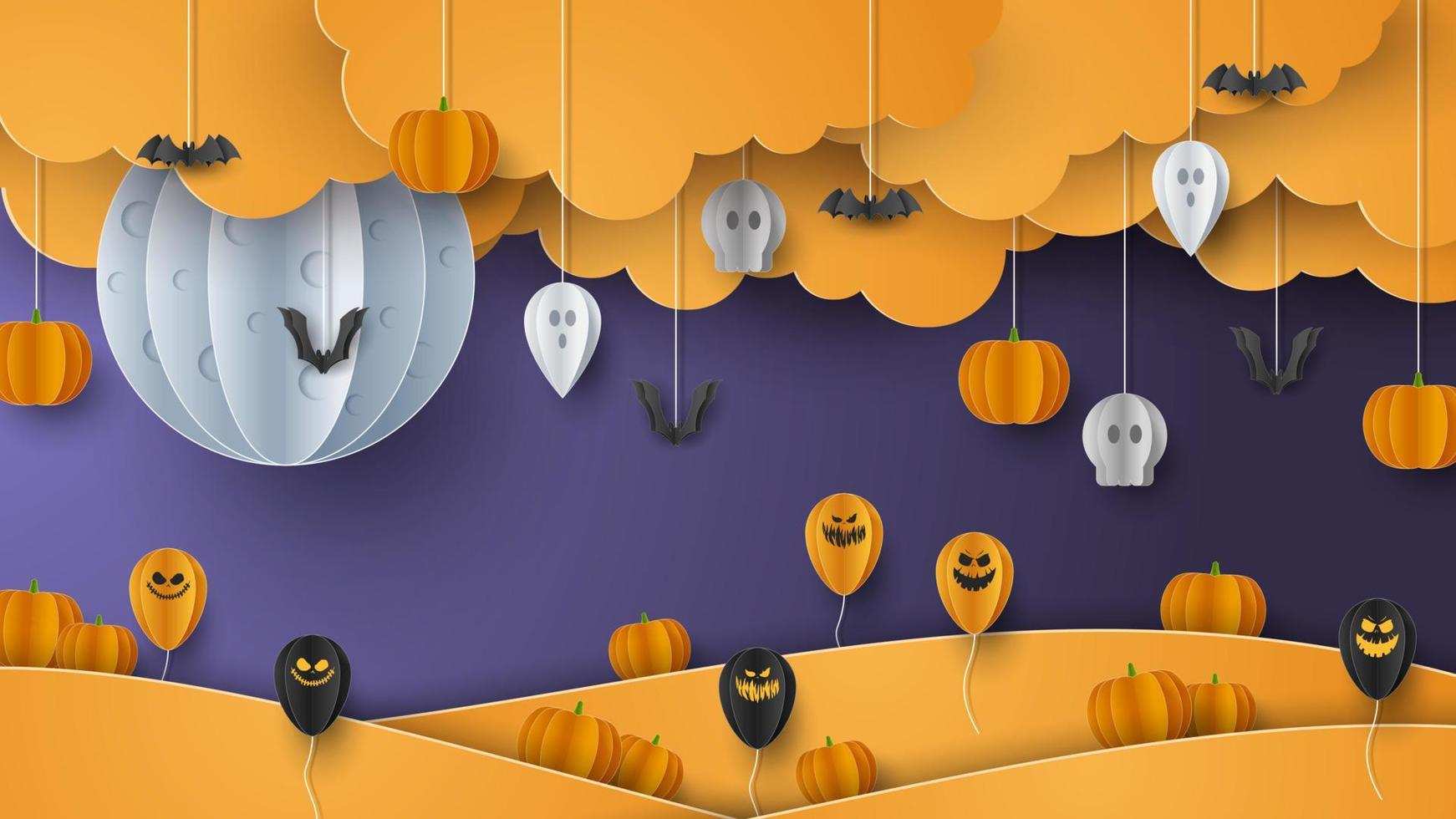 Happy Halloween banner background with clouds and pumpkins in paper cut style. Full moon in the sky, spiders web, skull, ghost and flying bats. Vector Illustration