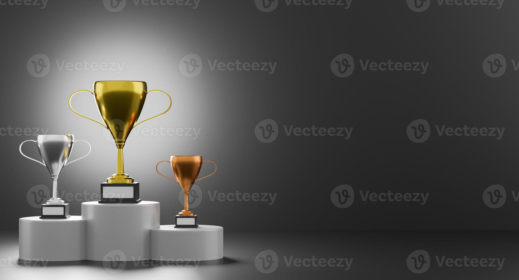 podio de ganadores con copas. oro, plata y bronce sobre fondo oscuro. trofeos con stand. representación 3d foto