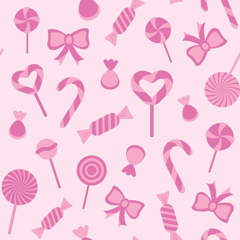 Bright pink seamless pattern with sweets, candies, lollipops and ribbons. Pink vector illustration for birthday party