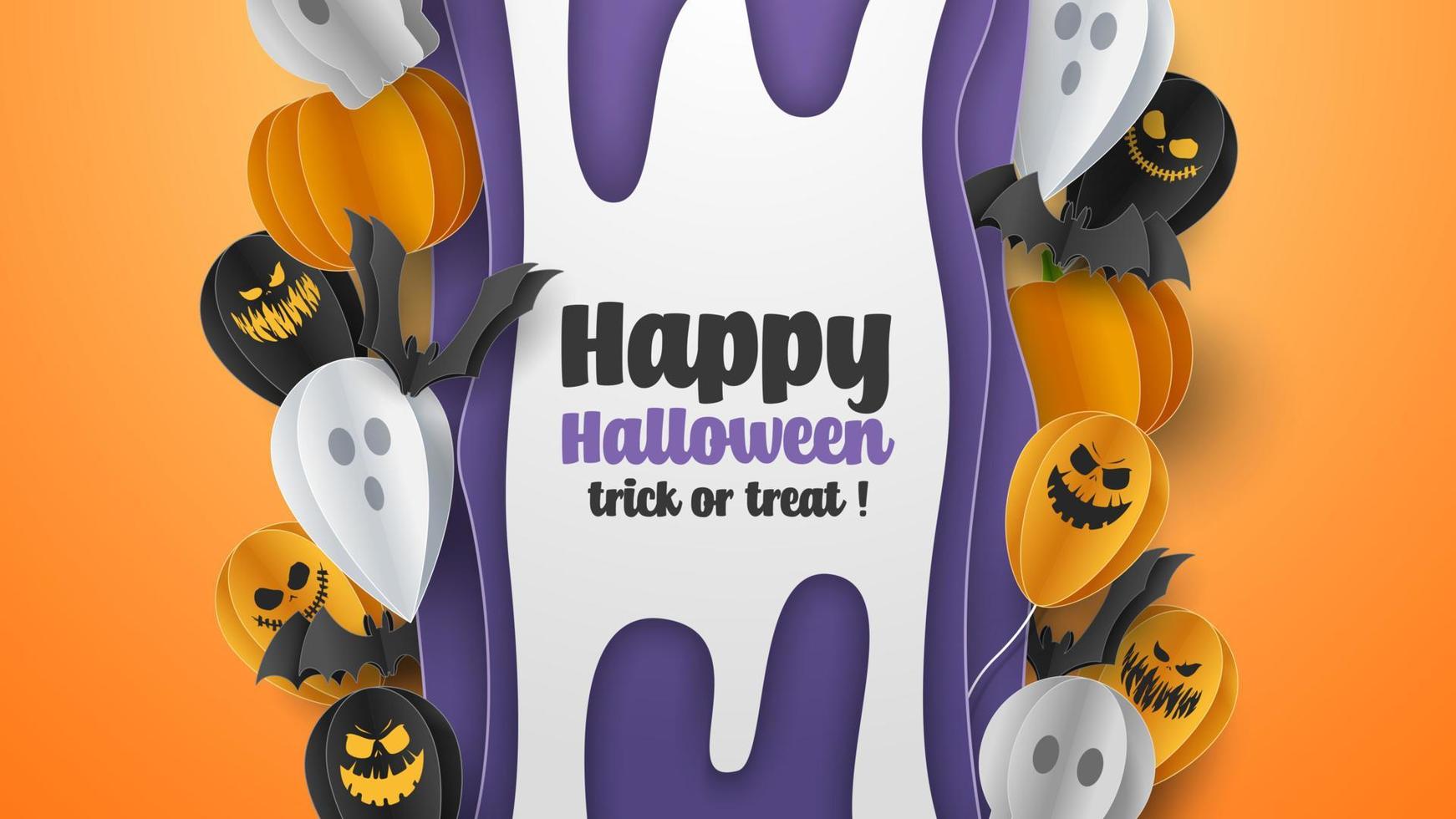 Happy Halloween banner greeting card background in paper cut style. Vector Illustration