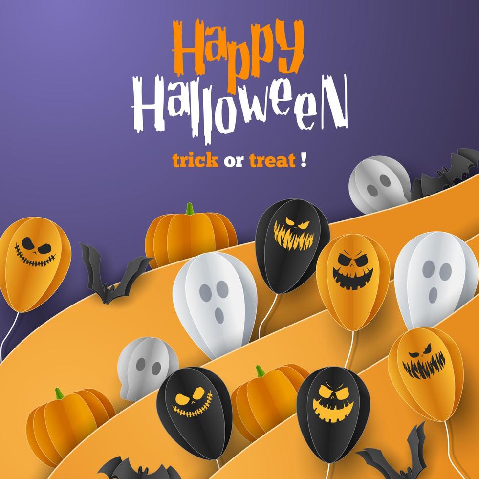 Happy Halloween banner greeting card background in paper cut style. Vector Illustration