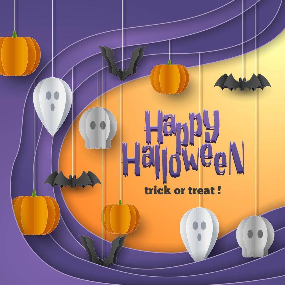 Happy Halloween banner greeting card background in paper cut style. Vector Illustration