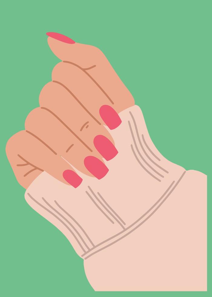 Flat vector illustration of a female hand with a manicure in a sweater. Stylish fashion illustration for lifestyle design.