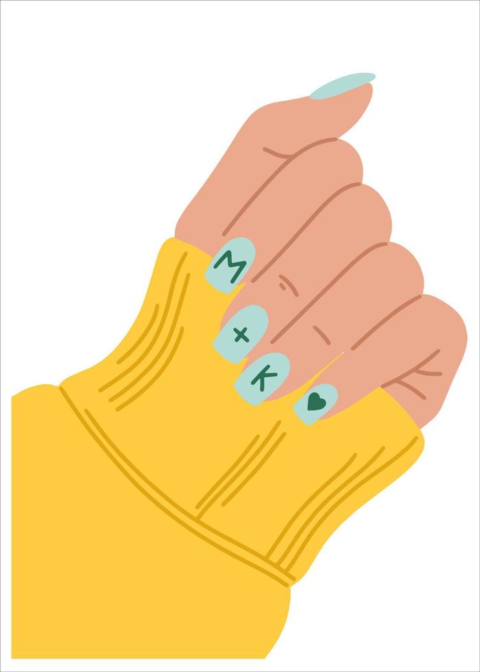 Flat vector illustration of a female hand with a manicure in a sweater. Fun design manicure. Stylish fashion illustration for lifestyle design.