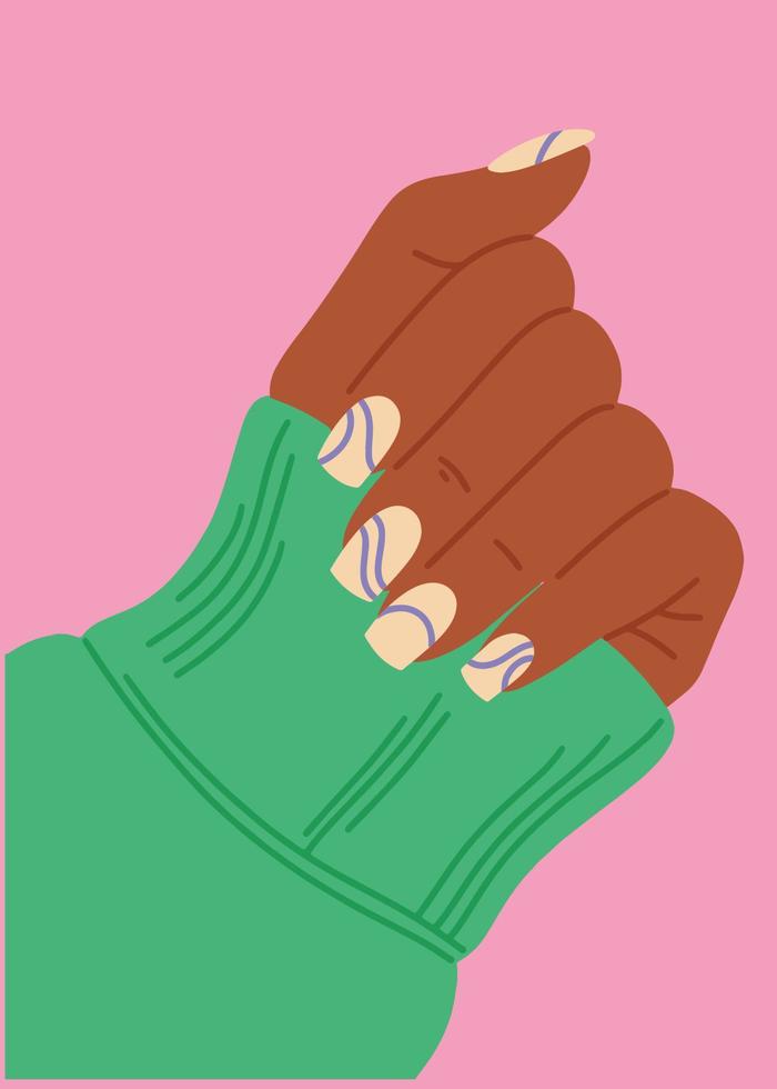 Flat vector illustration of a female dark-skinned hand with a manicure in a sweater. Manicure with a trendy design. Stylish fashion illustration for lifestyle design.