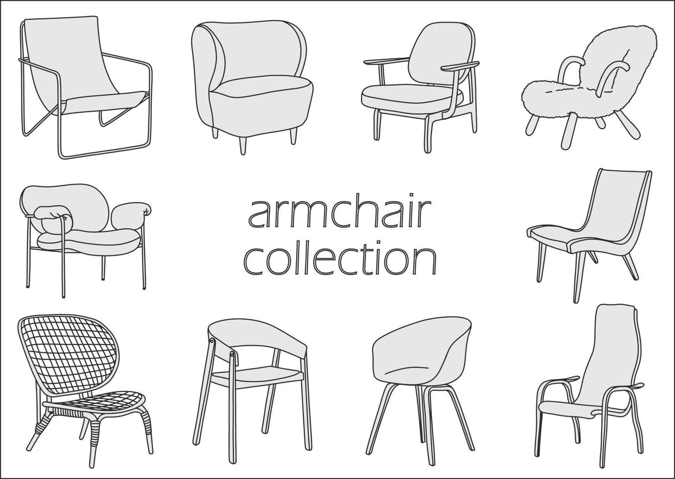 Collection of modern armchairs in trendy scandinavian or hygge style. Hand drawn illustration in line style. Monochrome vector illustration