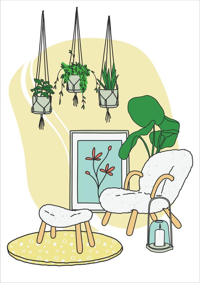 Scandinavian living room interior. Stylish armchair, chest of drawers, lamp and pieces of furniture. Cozy interior with live plants. Vector illustration with hygge style furniture.