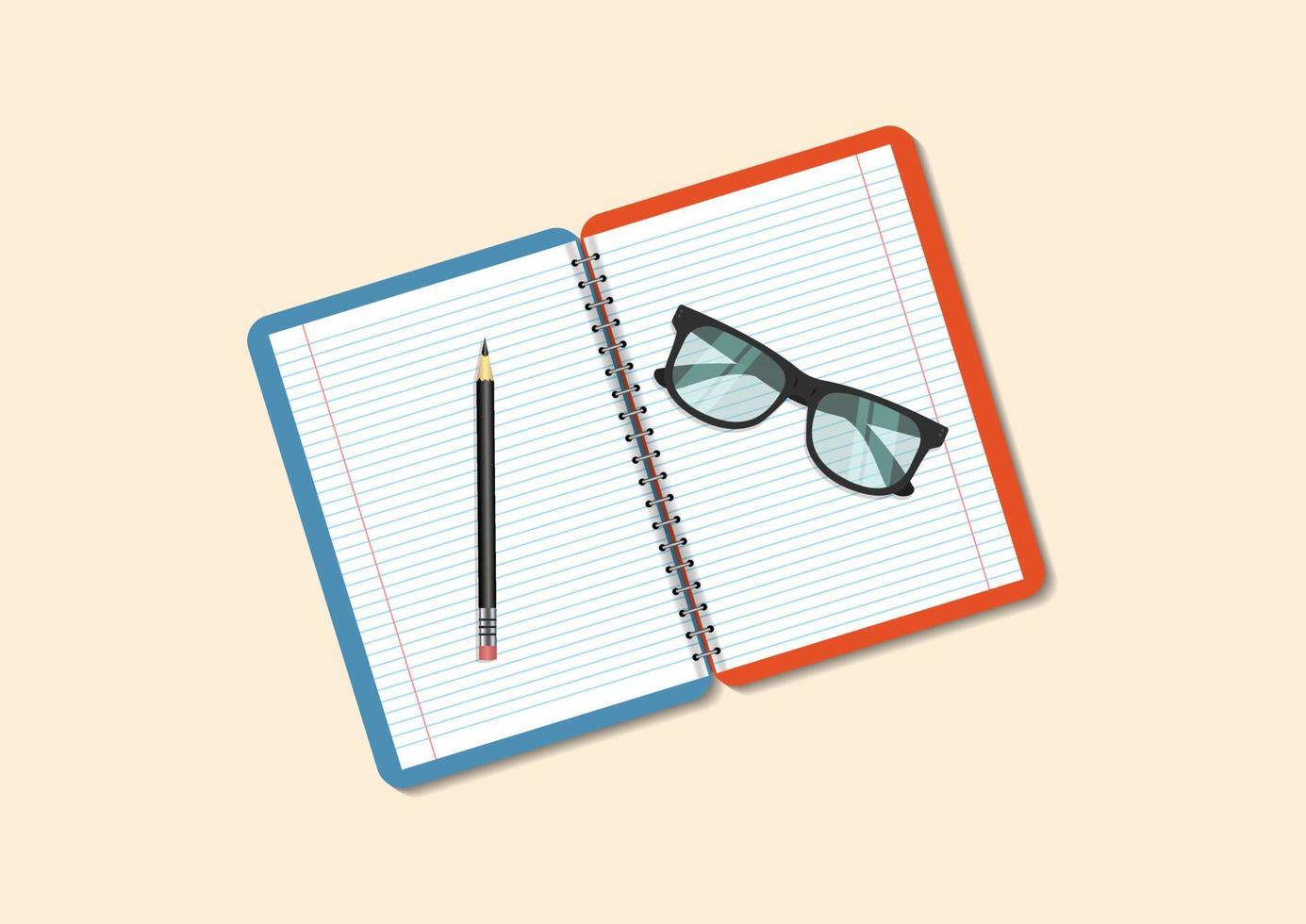 Opened notebook with eyeglasses and pencil vector