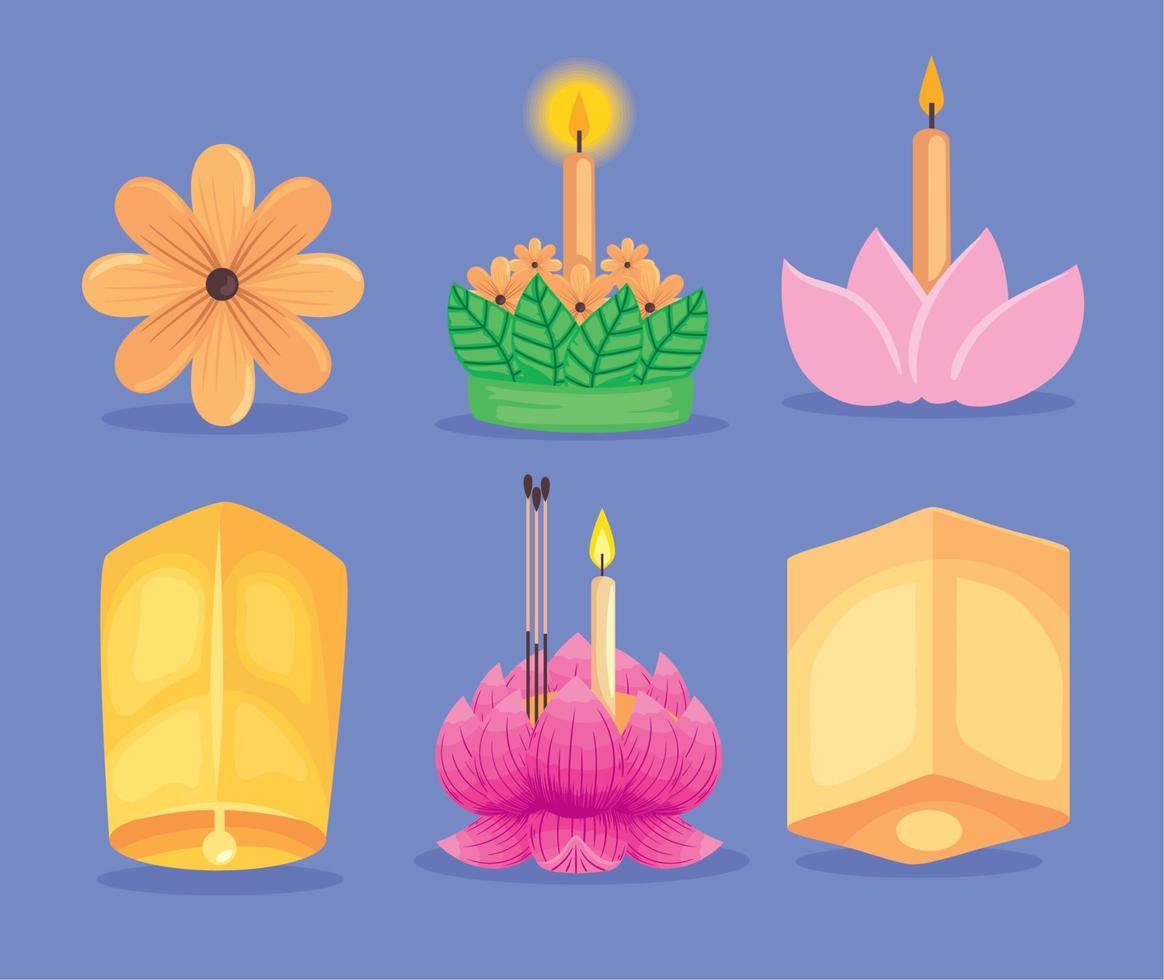 six loy krathong icons vector